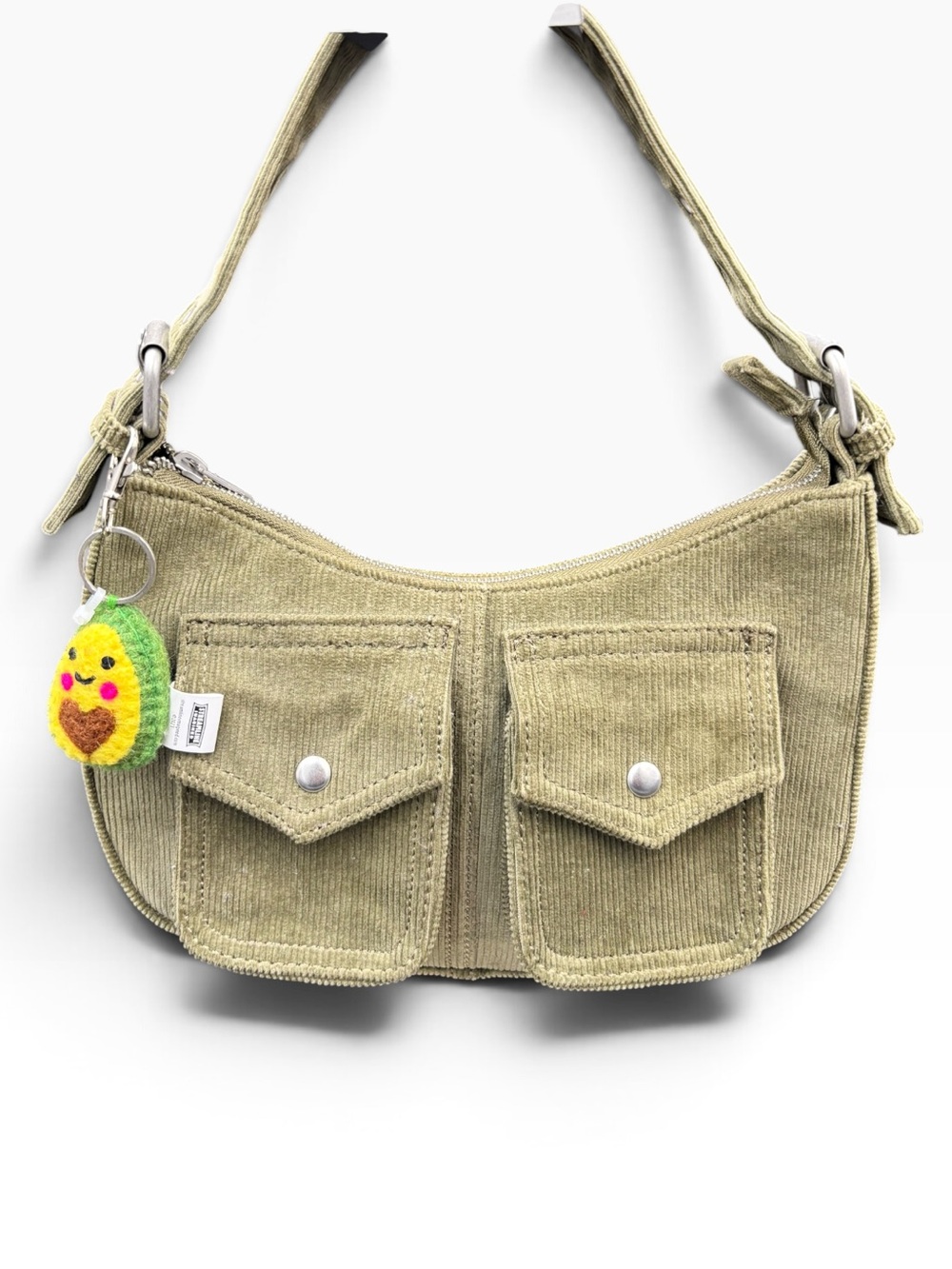 Brandy Melville Olive Green Corduroy Cargo Shoulder Bag Y2K + Avocado Charm